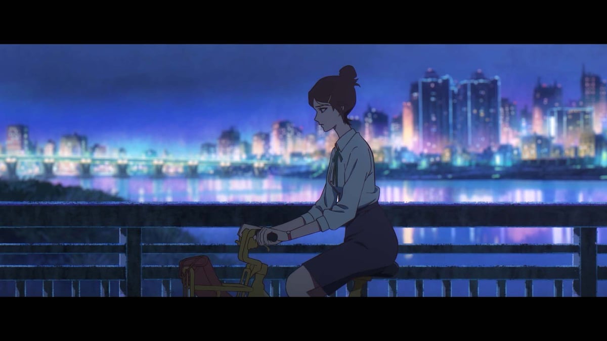 第1話より。深夜に自転車で会社から帰宅するエマ。