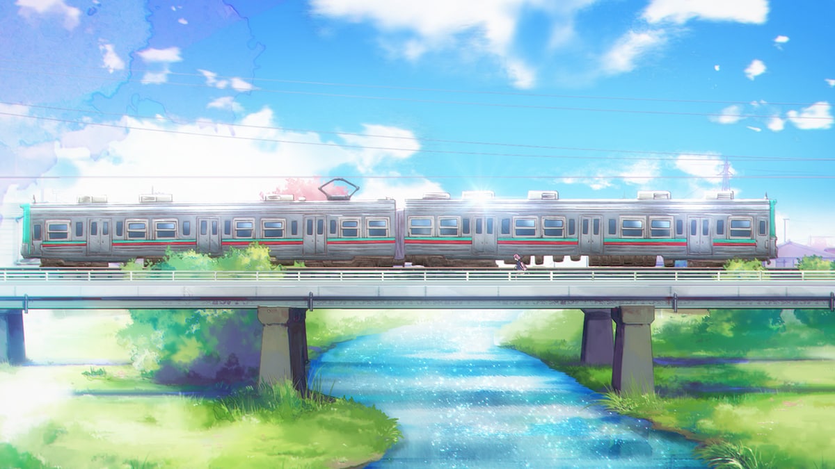 アニメ「前橋ウィッチーズ」より。上毛電気鉄道の車両と並走するユイナ。