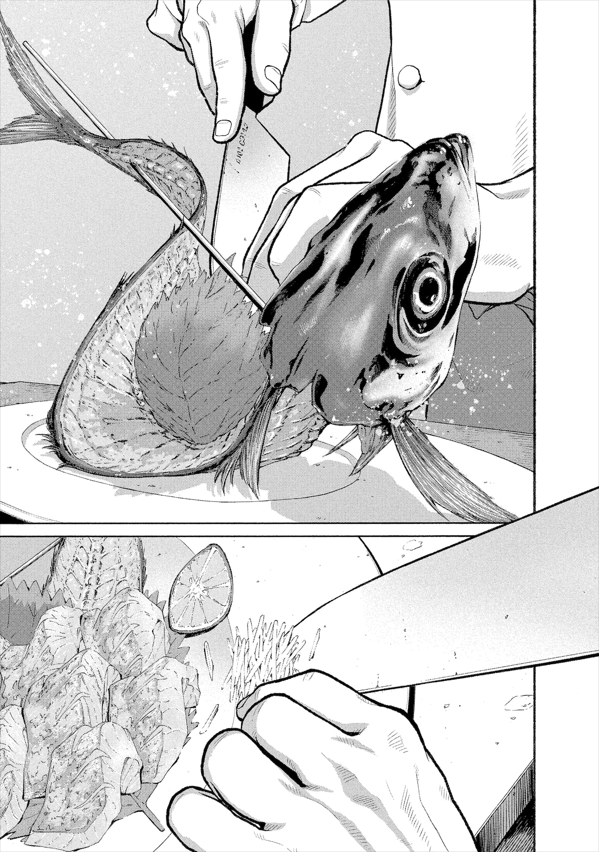 第2話より、アジの刺し身の調理シーン。