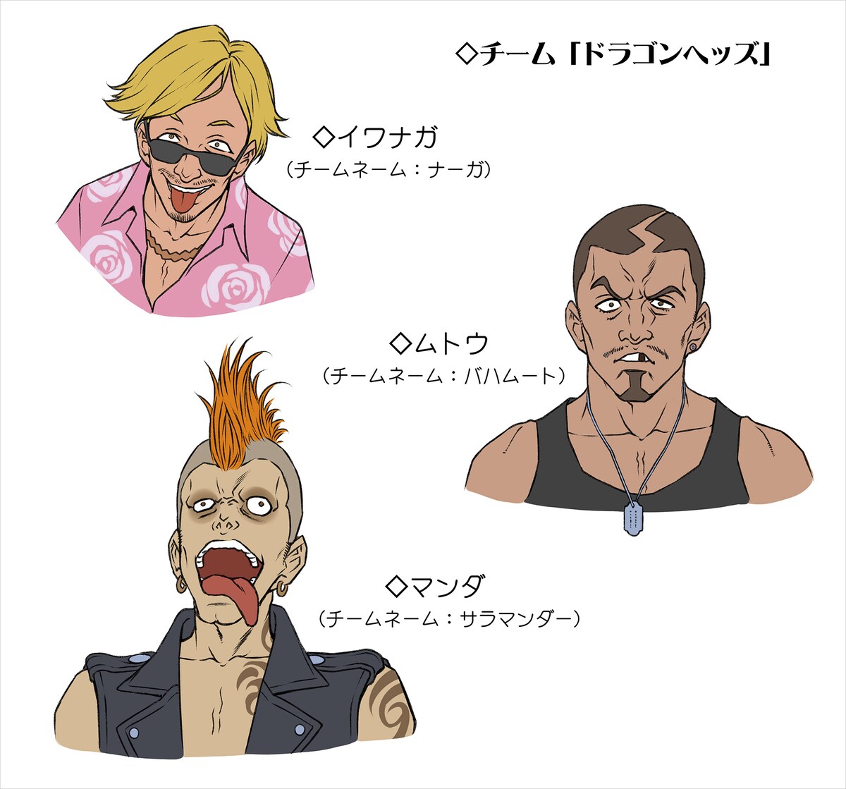 白狼による「チーム・ドラゴンヘッズ」のキャラクター設定画。