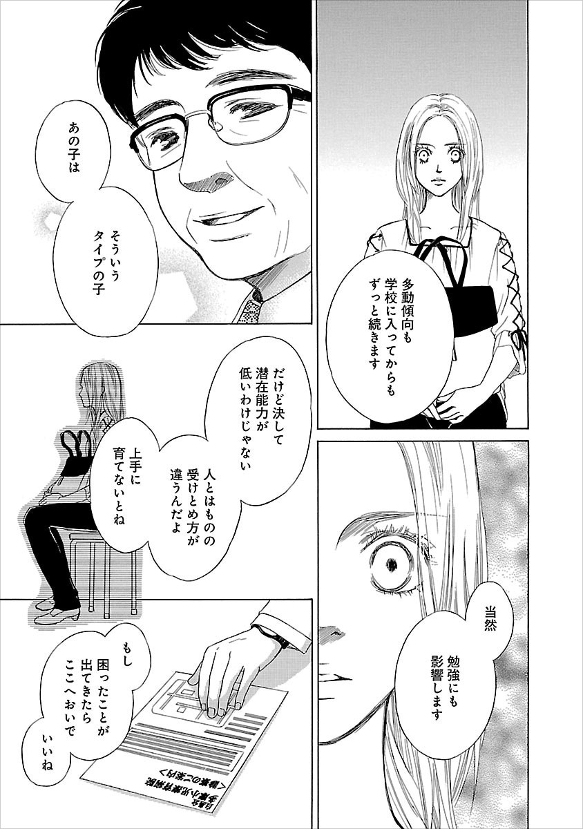 「ムーちゃんと手をつないで」1巻より。ムーちゃんは1歳半健診で医者から「そういうタイプの子」だと言われる。