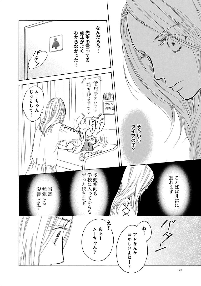 「ムーちゃんと手をつないで」1巻より。ムーちゃんは1歳半健診で医者から「そういうタイプの子」だと言われる。