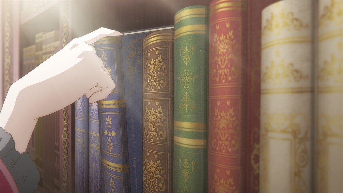 王宮書庫室で本を手に取るエリア－ナ。