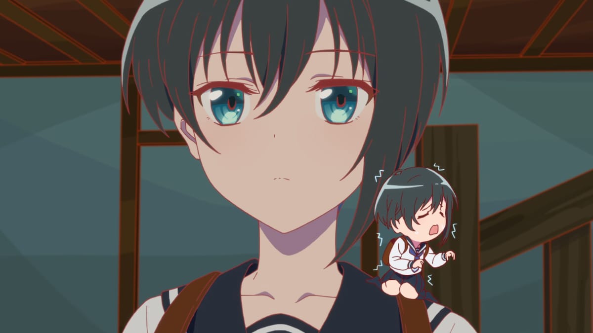 小父内涼葉と、心の声を語るミニキャラ。