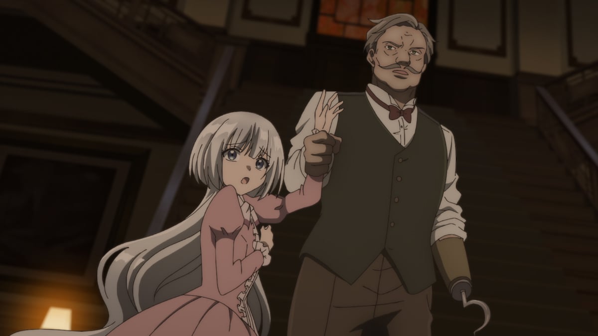 TVアニメ「ノケモノたちの夜」より。左からウィステリア（CV：竹達彩奈）、神父からウィステリアを買った地主（CV：山岸治雄）。