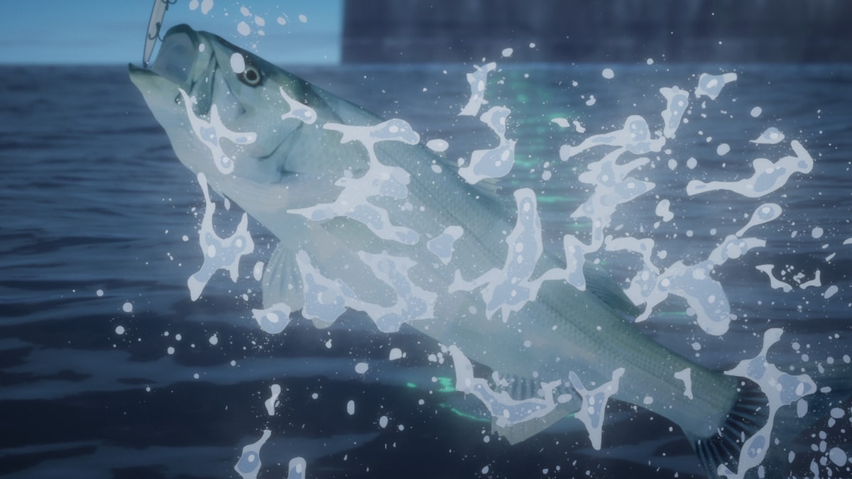 アニメ「ネガポジアングラー」より。第1話に登場するシーバス。