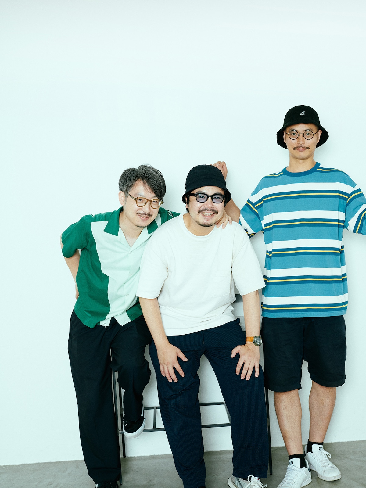 左から斎藤録音（G）、高橋一（Trumpet, Vo）、宮本直明（Key）。