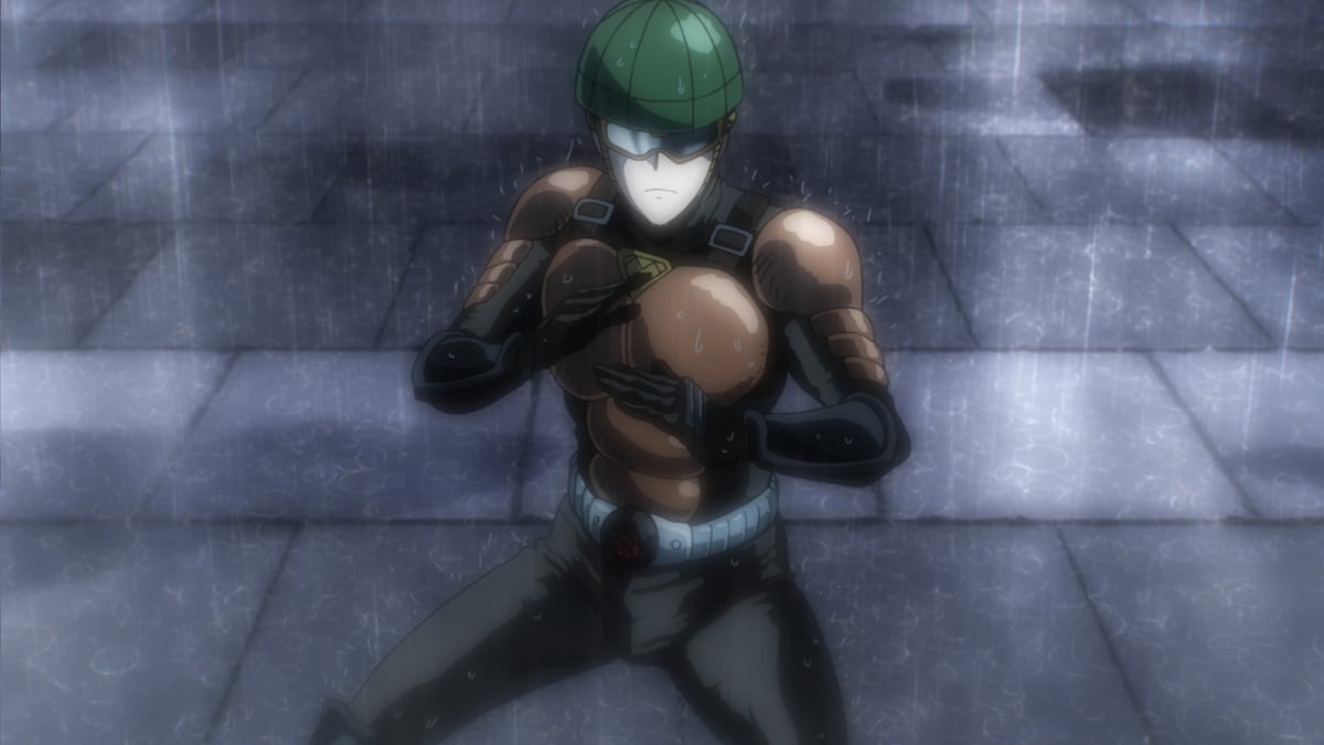 アニメ「ワンパンマン」#09（第1期・第9話）より、無免ライダー。