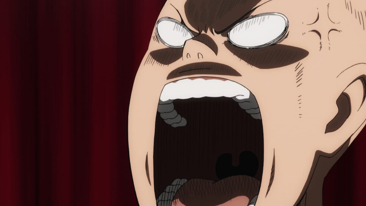 アニメ「ワンパンマン」#07（第1期・第7話）より、非難を浴びせる被害者に対し、ブチキレるサイタマ。