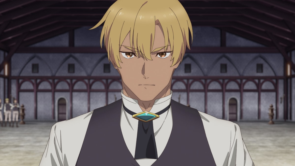 第1話より。ベリルの実力を疑うレベリオ騎士団副団長のヘンブリッツ・ドラウト（CV：石川界人）が、ベリルに手合わせを申し込む。