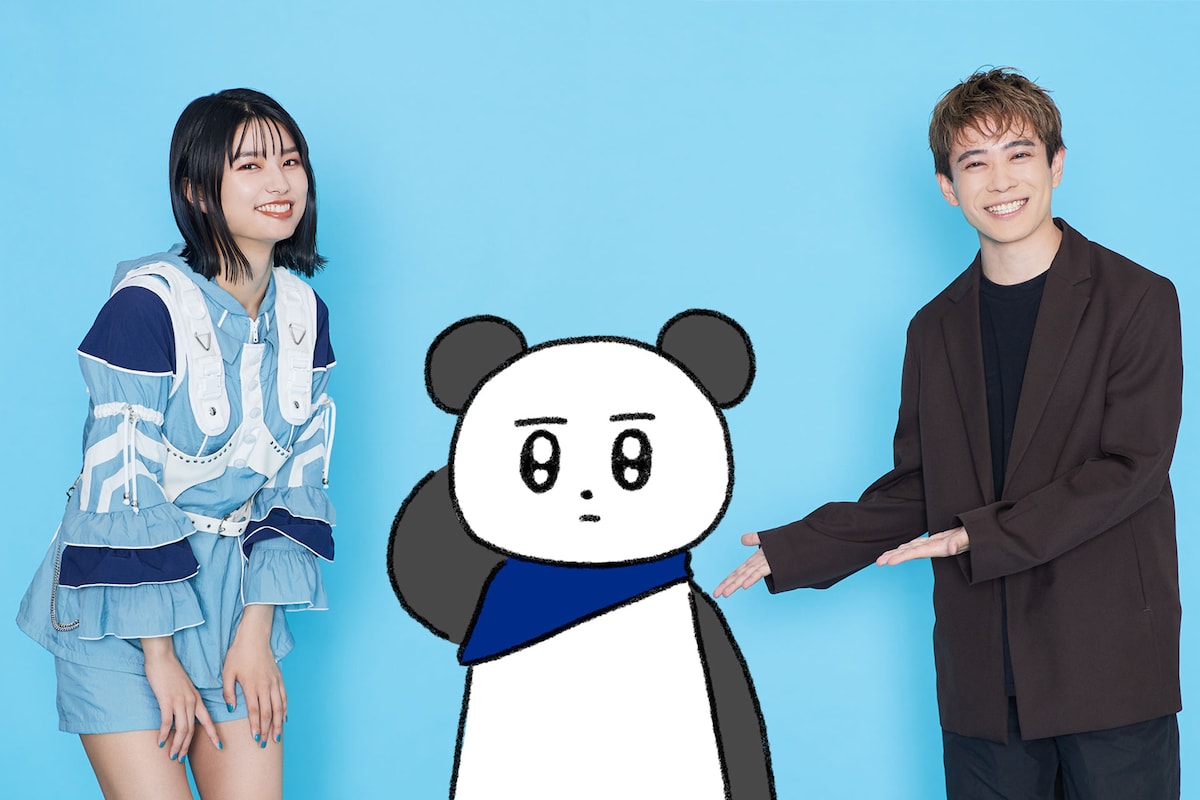 左からみあ、「アイビーダンス」のミュージックビデオに登場しているパンダくん、三原康司。