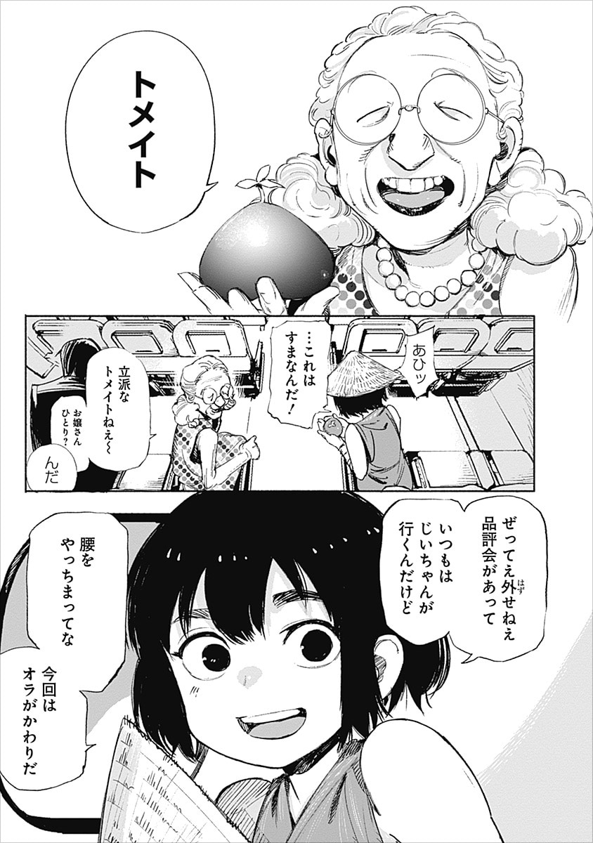 「超人X」1巻第1話より。「トメイト」の品評会へ向かうため飛行機に乗るエリィ。