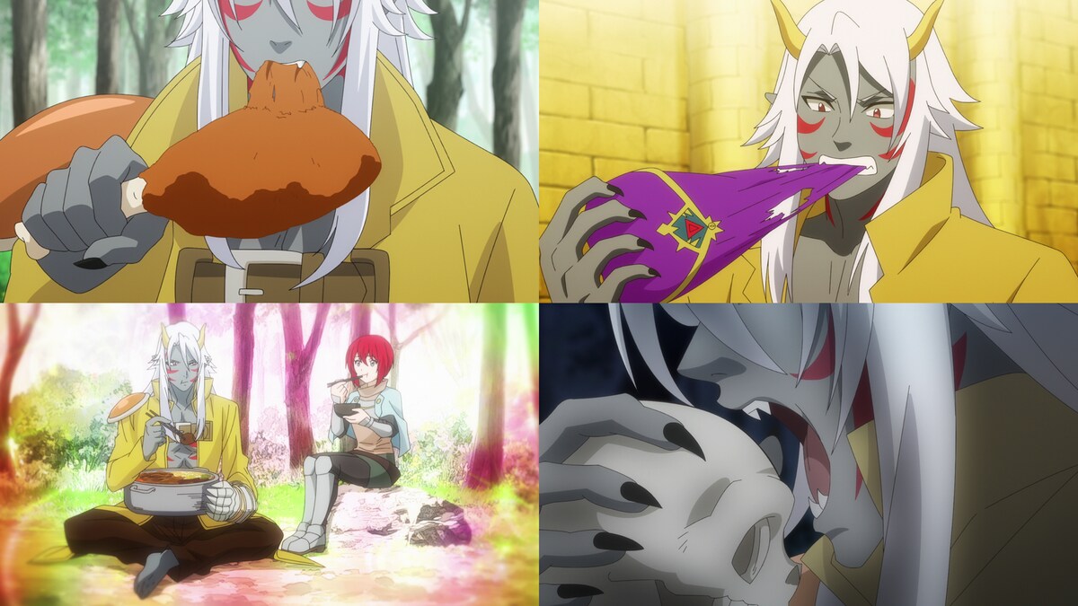 TVアニメ「Re:Monster」より。喰えば喰うほど強くなるゴブ朗は、いろんなものを食べていく。