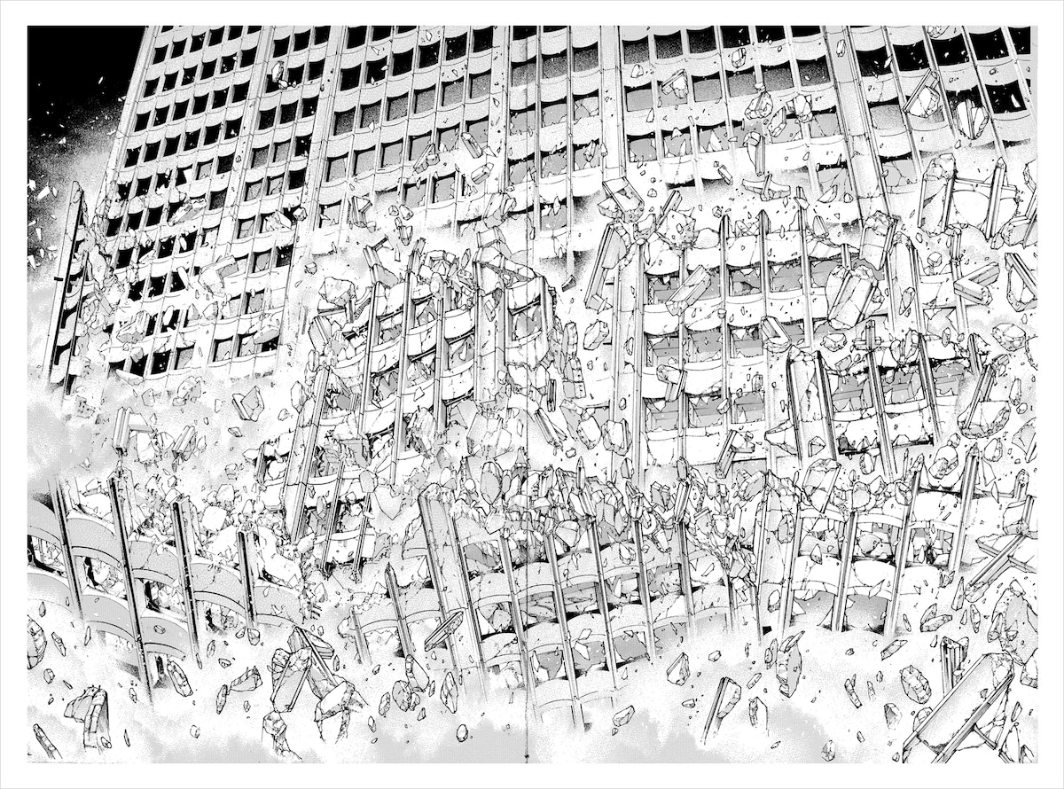 「孤高の人」12巻第116登より。雪崩の音をビルの崩壊で表現している。 ©坂本眞一／集英社