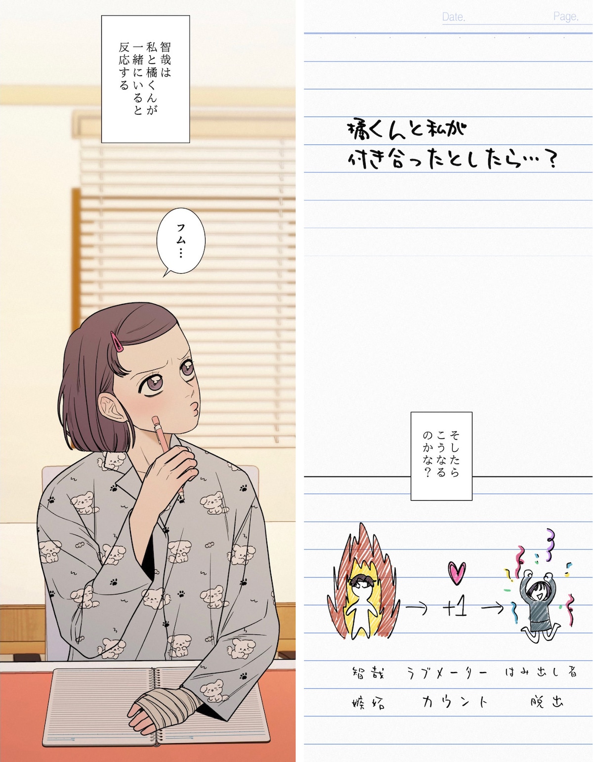 (左)智哉と関係を再構築するため、夜な夜な作戦を考える愛実。(右)こちらは愛実が作戦をしたためたノート。愛実は蓮が来夢のことを好きだと思い込んでいるため、智哉と来夢が別れれば蓮にとってもメリットがあるだろうと考える。