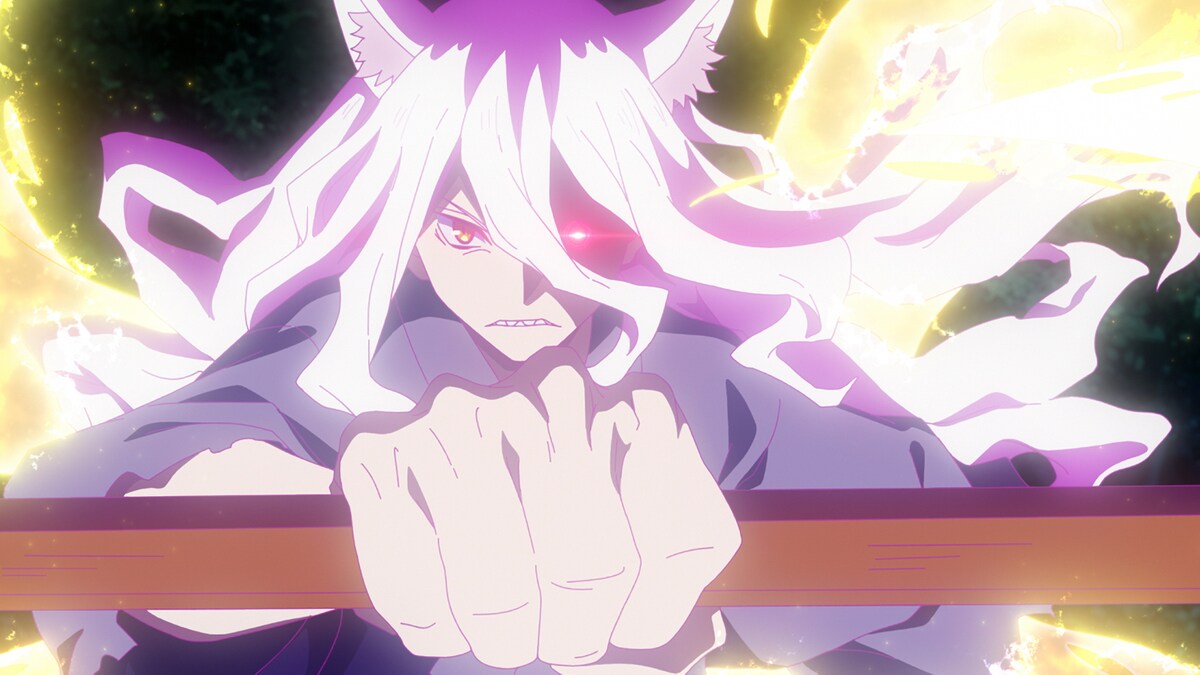 斉藤壮馬演じる迅火。精霊転化すると白髪化し、狐の尾が生える。