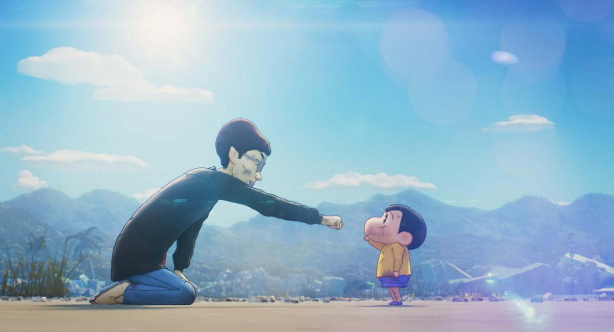 「しん次元！クレヨンしんちゃんTHE MOVIE 超能力大決戦 ～とべとべ手巻き寿司～」より、しんちゃんと非理谷のグータッチ。