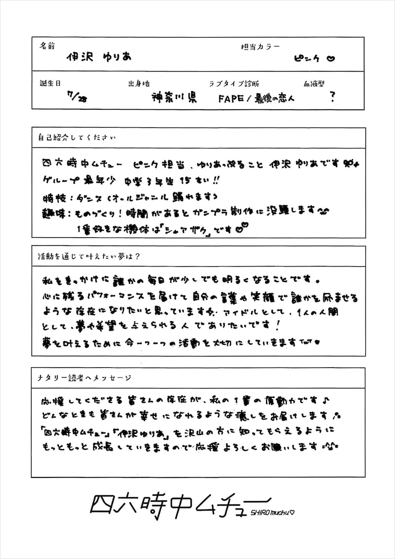伊沢ゆりあの手書き自己PRシート。