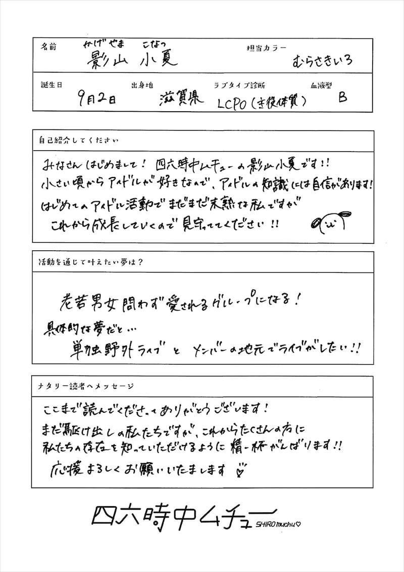 影山小夏の手書き自己PRシート。