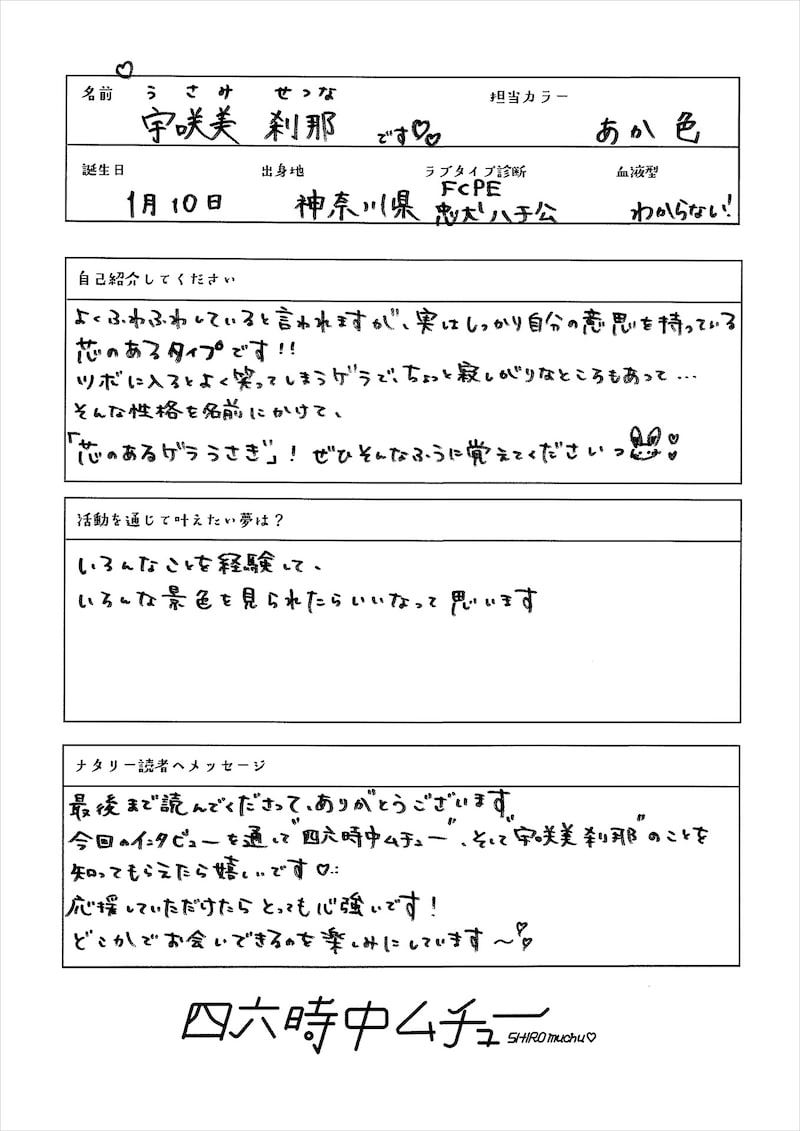 宇咲美刹那の手書き自己PRシート。