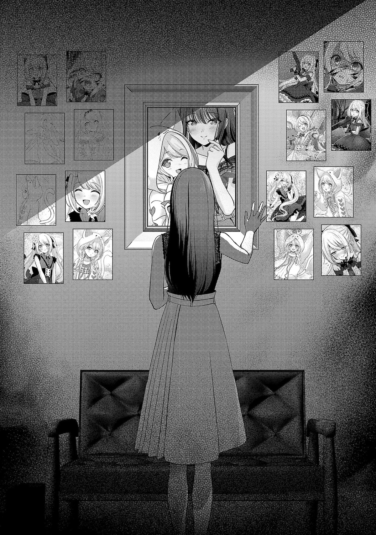 「失恋したのでVtuberはじめたら年上のお姉さんにモテました」4巻#23「神配信が呼ぶ嵐の予感……!?」より。華の部屋いっぱいに貼られた白姫ゆかの写真。