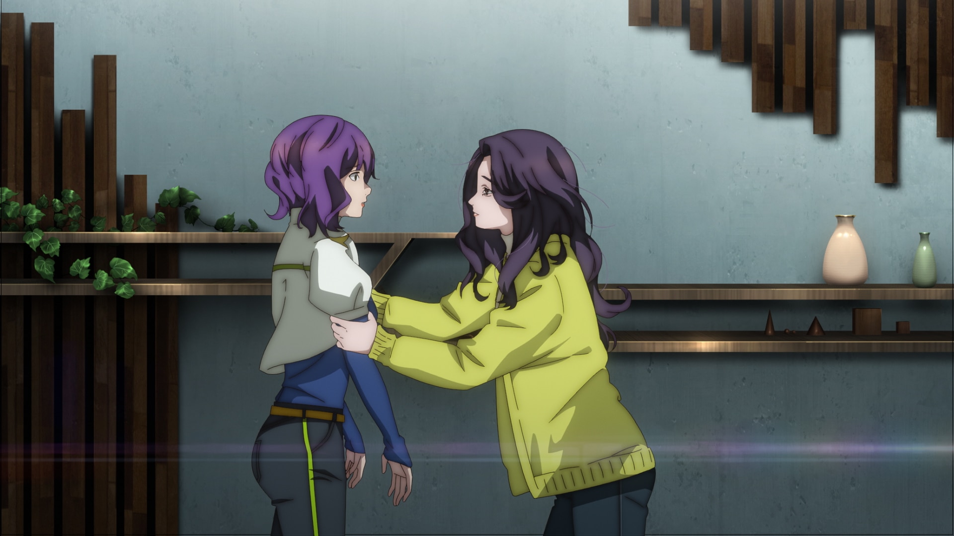 第12話より、電脳化された母親を回想するジナ。技術と感情の交差点が浮かび上がる。