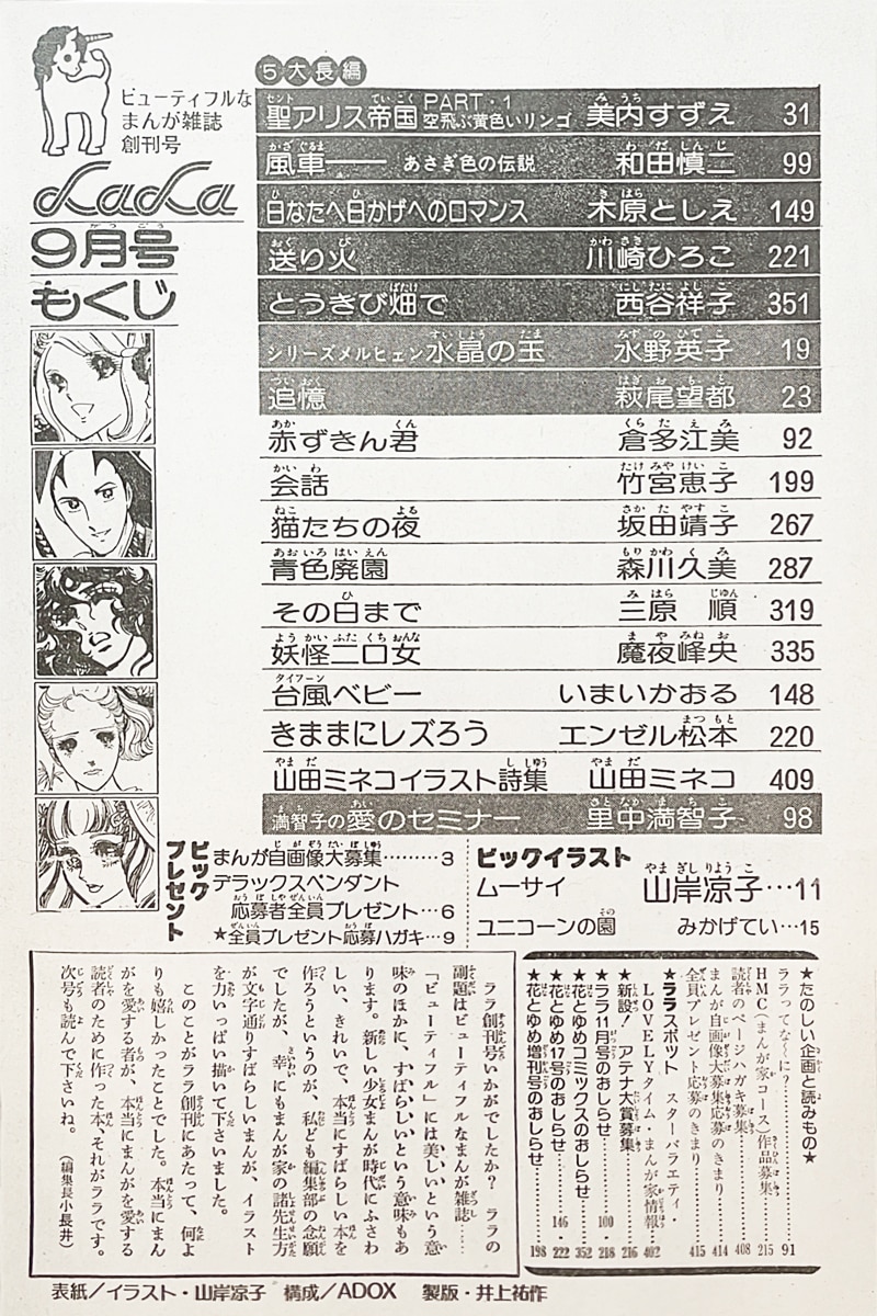 LaLa創刊号の目次ページ。