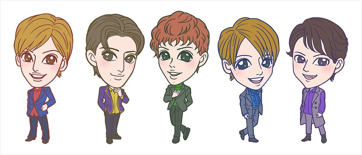 イラストレーター・ますっくによるトップスター5人のイラストが出迎えてくれる。©宝塚歌劇団 ©宝塚クリエイティブアーツ