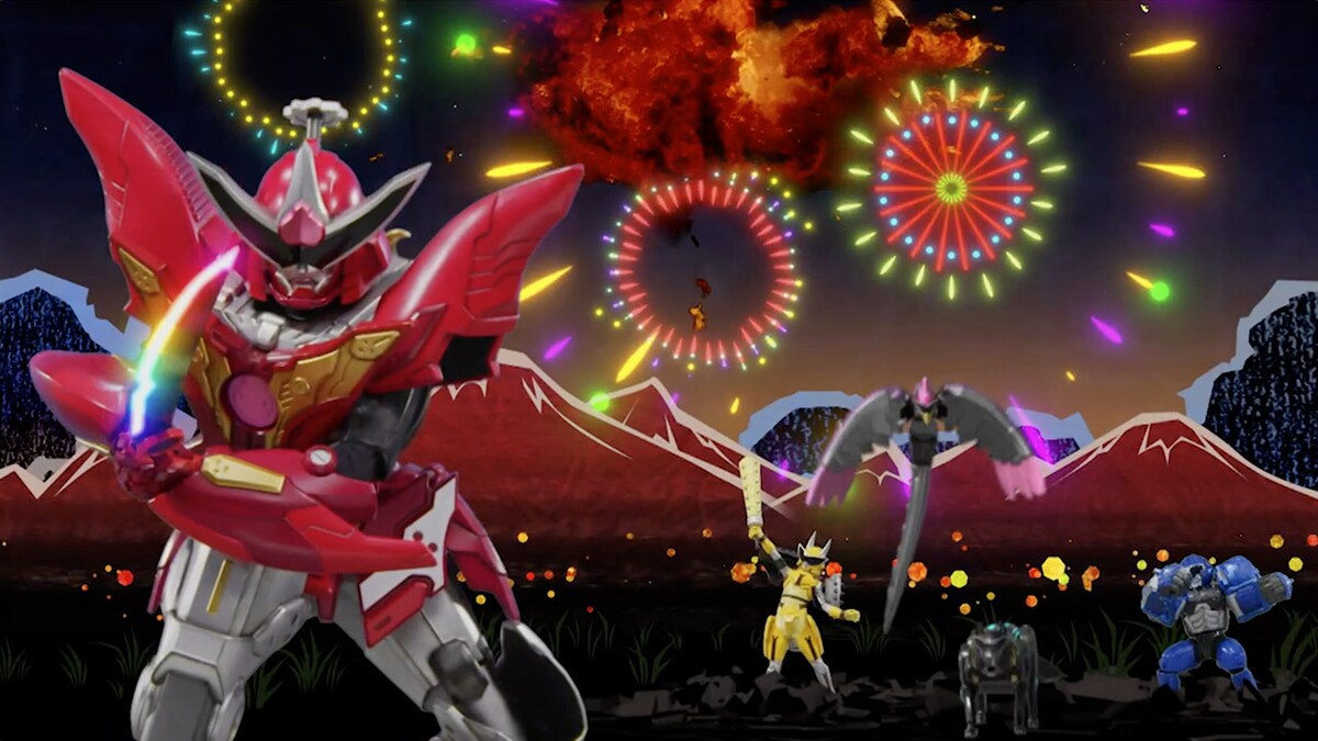 「暴太郎戦隊ドンブラザーズ」ドン10話より、ロボタロウという形態にパワーアップした5人による必殺技「前人未桃・打ち上げロボタロウ」。