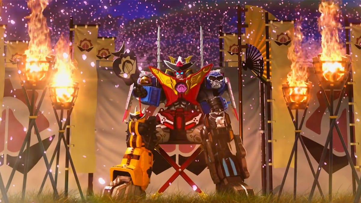 「暴太郎戦隊ドンブラザーズ」ドン12話より。ロボタロウとなった5人が合体した巨大ロボ・ドンオニタイジン。