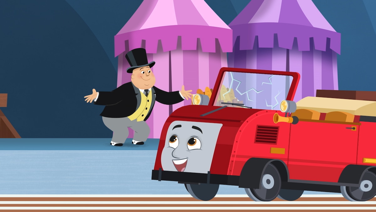 左がトーマスたちが働くソドー島鉄道の局長トップハム・ハット卿、右がイモトアヤコが演じたレール点検車ウィンストン