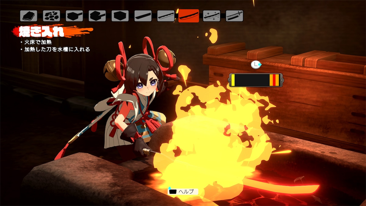 ゲームプレイ画面。刀鍛冶のシーン。