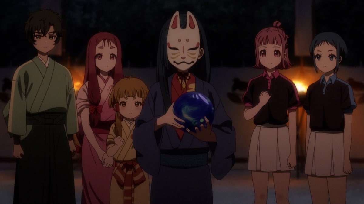 左から傑里、寿桃、庵珠、朱火、音無麻衣、五代利奈。テレビアニメ「Turkey!」第9話より。