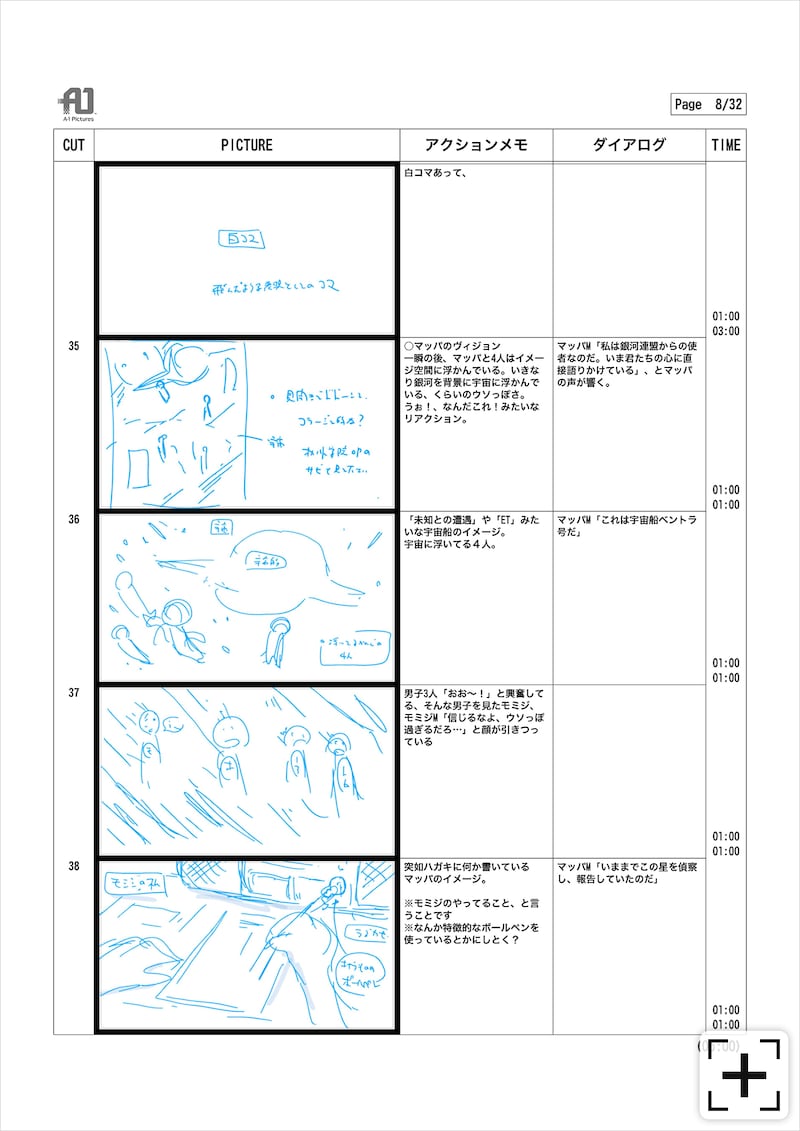 「ワンダーX」1巻第2話より、子供たちがマッパにヴィジョンを見せられるシーンの絵コンテ。