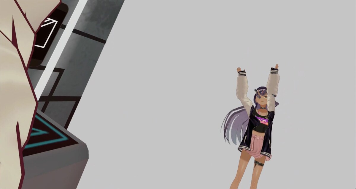 バーチャル空間の鏡の前で踊る真山りかのアバター。