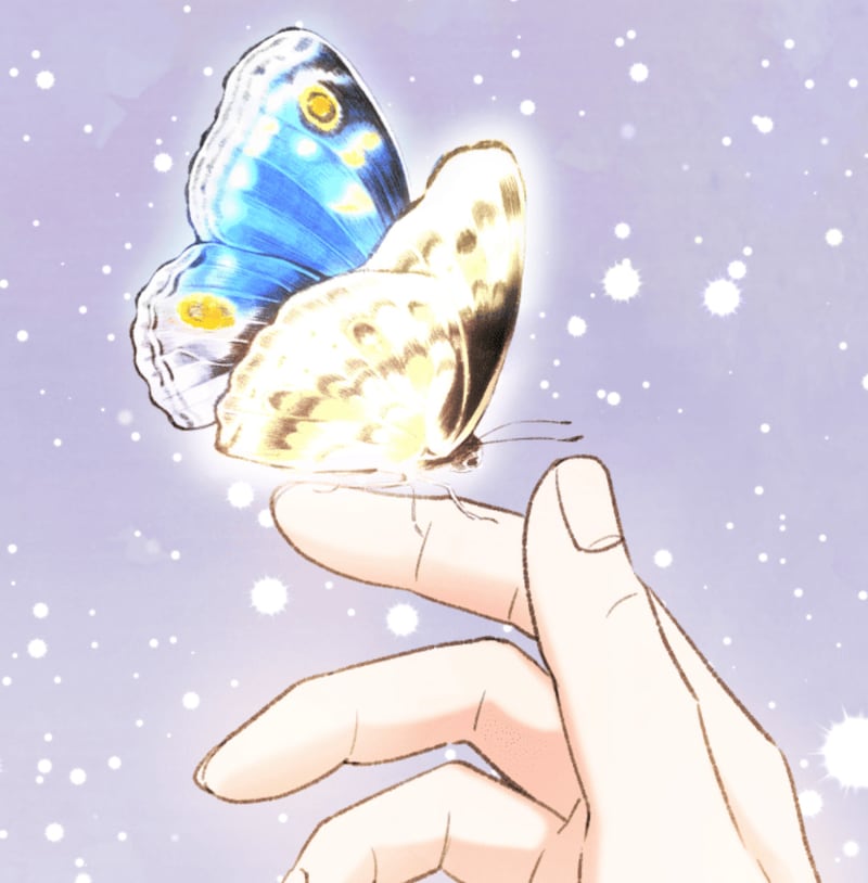 「四度目の夫」より。美青や千代の前にたびたび現れる謎の青い蝶。どうやら悪い存在ではなさそうだが……。